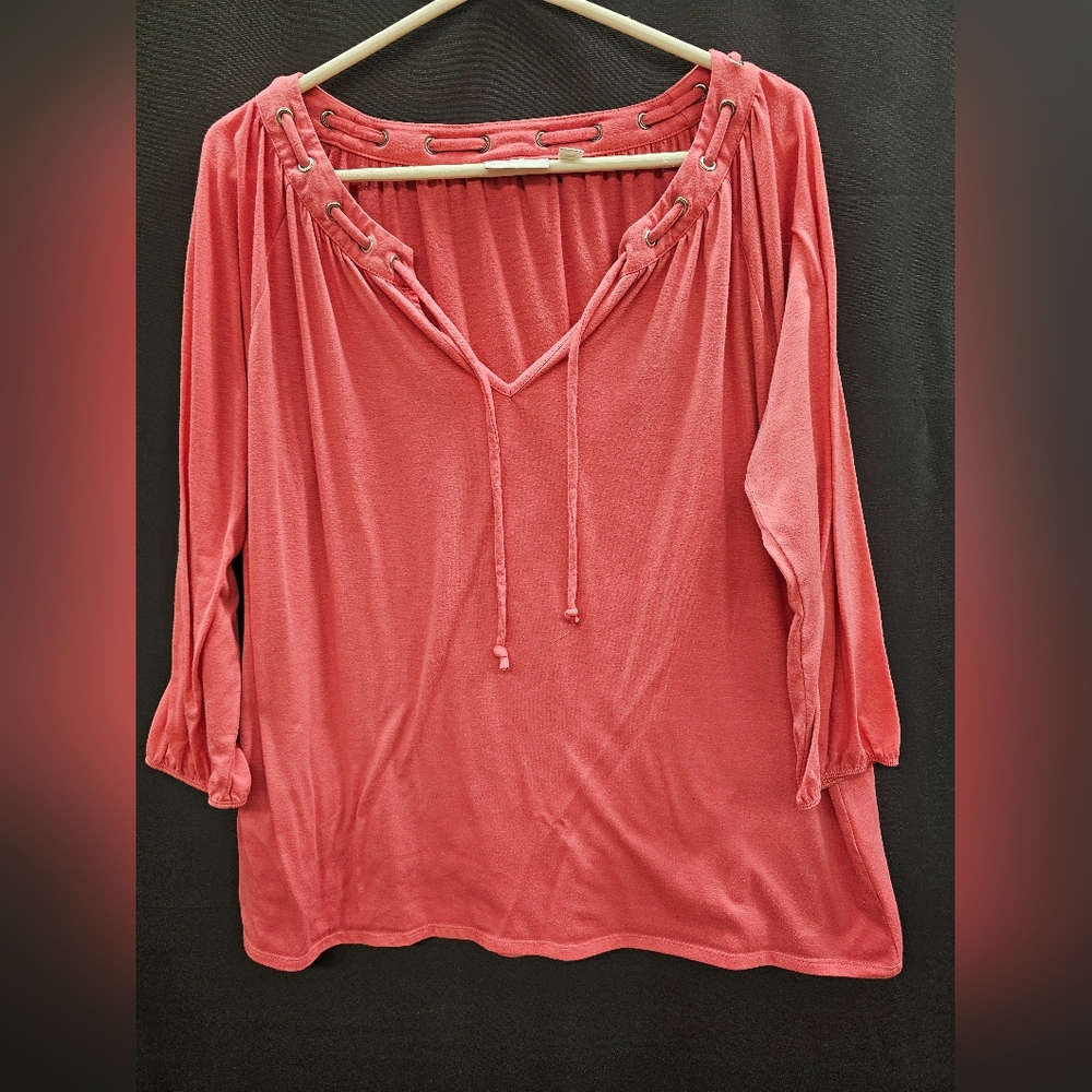 New York & Company Coral Blouse with Drawstring Neckline